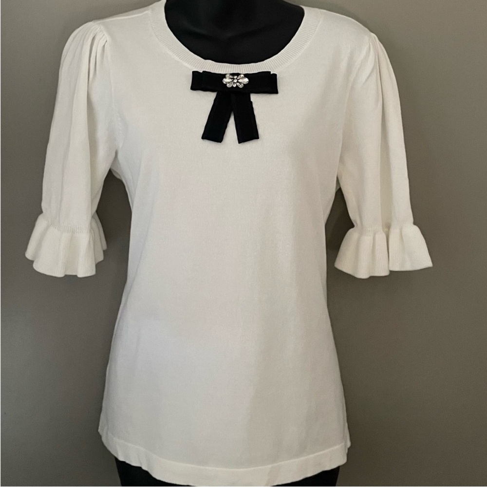 CeCe Crystal Bow Front Ruffle Cuff Sweater Top White Black Coquette Casual M - Picture 8 of 15